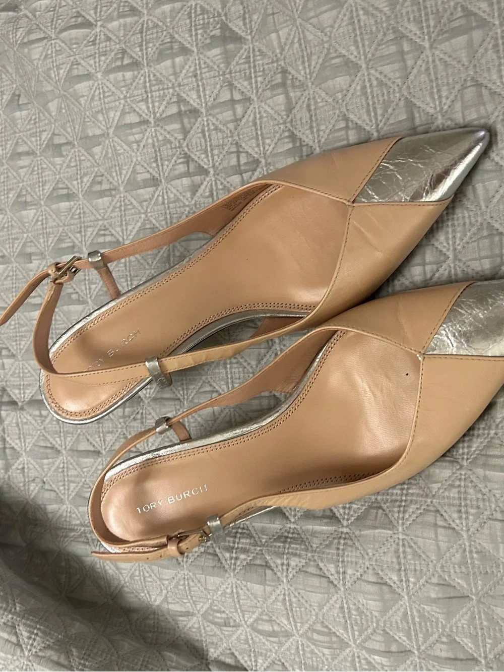 Tory Burch Tan Leather Slingback Pumps with Silver Toe Size 7